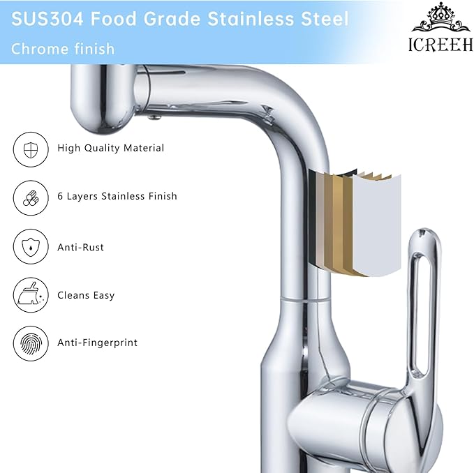 Bathroom Sink Faucet 1 Hole, Chrome Multifunctional Basin Faucet with 4 Water Outlet Modes, Modern 360°Rotatable Bar Tap with Two Water Supply Pipes