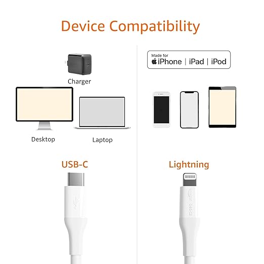 Amazon Basics MFi Certified USB-C to Lightning Fast Charging Cable, Power Delivery, Nylon Braided, 10 ft, White