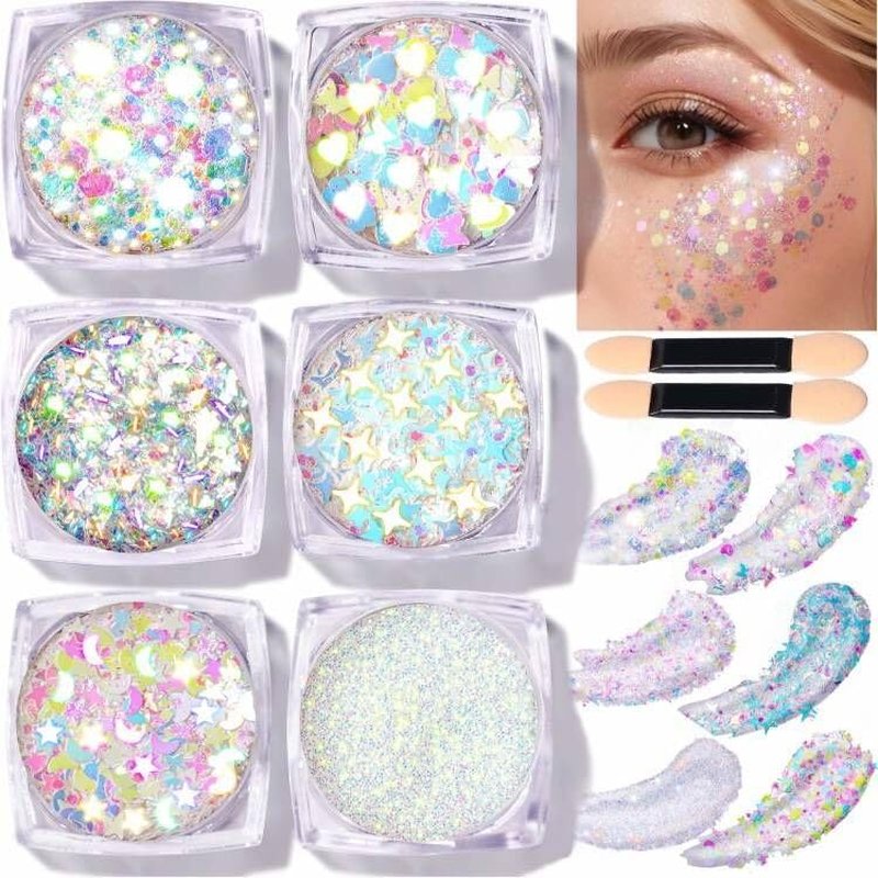 Face Glitter Gel for Women - Clear White Body Glitter with 6 Shapes | Chunky Rave Makeup Sequins