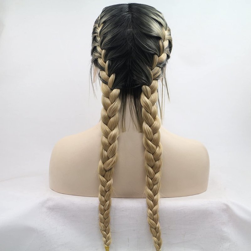 Brown & Dark Root Double Braids Synthetic Lace Front Wig - 24 Inch Heat Resistant Fiber for Women & Cosplay