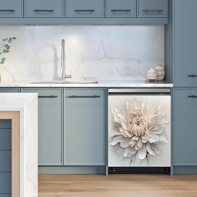 White Floral Magnetic Dishwasher Cover 23x26 | Reusable Appliance Skin for Dishwasher, Fridge, Washer | No-Residue Vinyl, Renters-Friendly, Scratch Hider | Housewarming