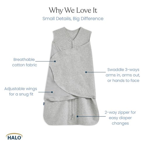 HALO Sleepsack Swaddle - 100% Cotton 3-Way Adjustable Wearable Blanket, TOG 1.5, Cream, Small (3-6 Months)