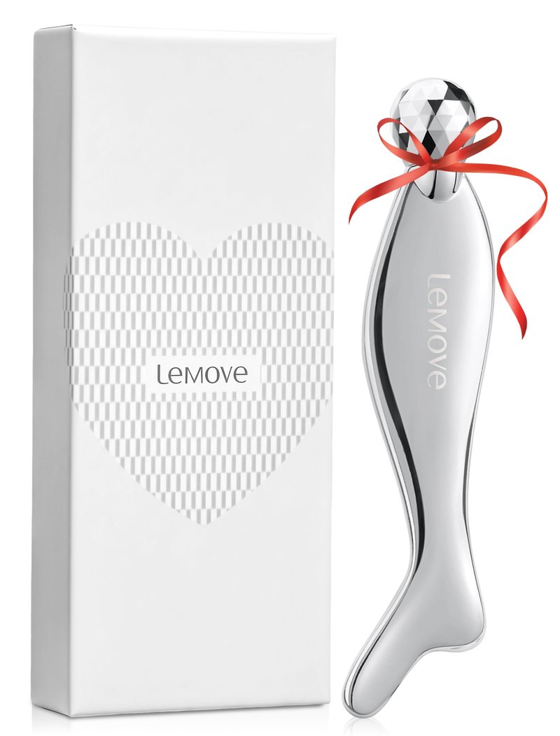Lemove 4-in-1 Gua Sha Facial Tools, Facial Roller, Skin Care Roller with Stainless Steel, Face Ice Roller to Reduce Puffiness & Eye Strain, Relieved Facial Tension, Gift for Women and Men-Silver