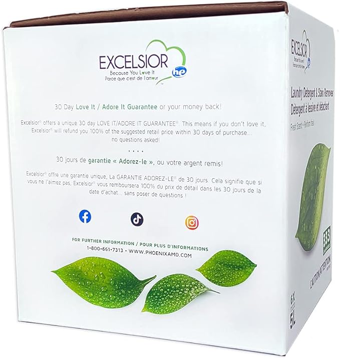 Excelsior (Because You Love It) HE Concentrated Liquid Laundry Detergent with Stain Remover, Removes 333 Loads for Cleaning Clothes, Phosphate-Free, Solvent-Free, Fresh Scent, 5L (1 Pack - New Look)â¦