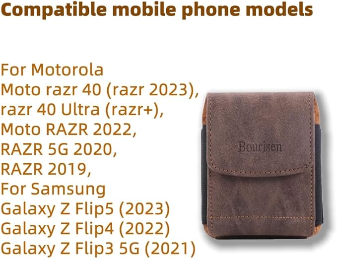 Bourisen Universal Phone Holster Phone Pouch Case Belt Clip Belt Loops Card Slot Faux Leather For Man for Samsung Galaxy Z Flip 5/4/3 Motorola Razr Plus Razr+ 2023 (Brown&Yellow, XS(3.7"x3.1"x1.1"))
