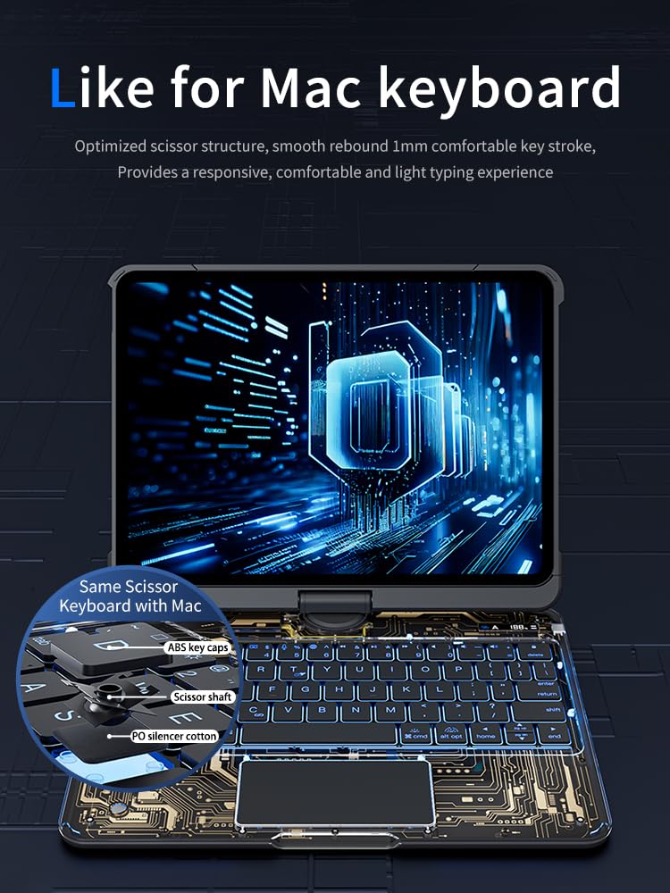 KARTICE Transparent Case with Wireless Keyboard for iPad Pro 11 Inch (M4,2024), 7 Colors Backlight, Multi-Touch Trackpad, 360° Rotating Stand Case with Pencil Holder for iPad Pro 11