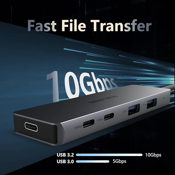 DIKEQINN 5-Port USB C Hub 10Gbps, USB 3.2 Gen2 Adapter with 2 USB-C & 2 USB-A Data Ports, Dedicated USB-C Power Port for SSD Stability (Note: NOT for Laptop Charging), Aluminum for iPhone 17/16/15