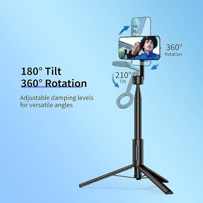SEAJIC Magnetic Phone Tripod for iPhone 64" Selfie Stick with Remote and Metal Ring, Automatic Pop-up Magnetic Travel Tripod for Cell Phone Video Recording/Photography/Vlogging (Balck) (Black Grey)