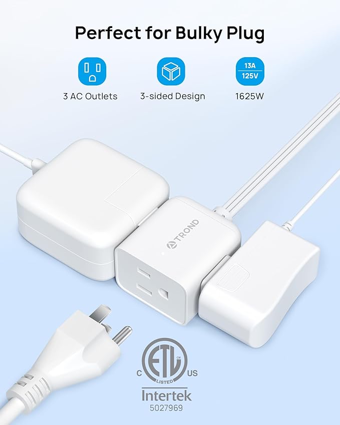 TROND Flat Extension Cord 6ft with 360° Rotating Plug, ETL Listed 3 Prong Power Strip, Low Profile Three Outlets, 13A, SPT 16/3 Gauge, Small for Tight Spaces Indoor Home Office Cruise Travel, White
