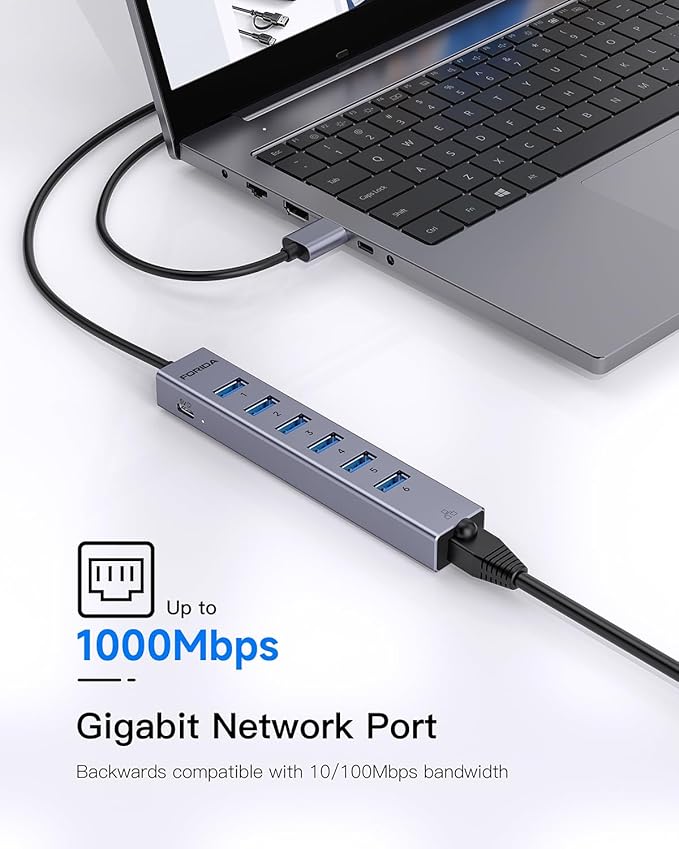 FORIDA Aluminum USB to Ethernet Adapter with 7-Port USB Hub – 3.9ft Long Cable, Gigabit Ethernet Port, 5V/3A Power Port | USB Extender Compatible with Windows, macOS, Linux & More