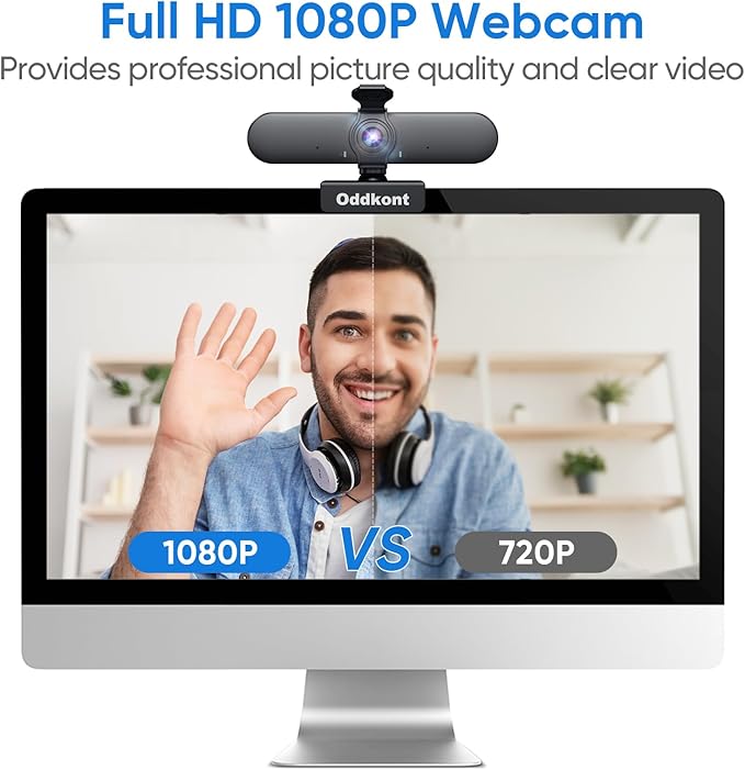 oddkont Full HD 1080P Webcam with Microphone, Auto-Light Balance, Rotatable Design,Privacy Cover, Plug and Play for Zoom, Skype,Web Conferencing - Compatible with Windows, Mac, Laptop, Desktop