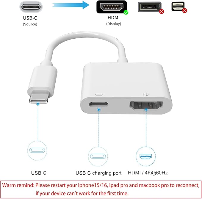 AIRSKY USB-C to HDTV Adapter, USBC to HDTV Adapter for iPhone 15/16 to TV, Compatible with iPhone 16/15 Ipad pro Mackbook Pro