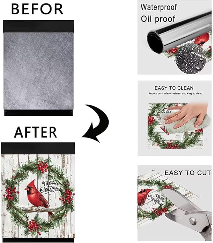 Generic Bird Dishwasher Face Cover - Magnetic Decorative Red Berries Pine Wreath Stickers, Winter Christmas Sticker, Fridge Door Cover, 23Wx26H