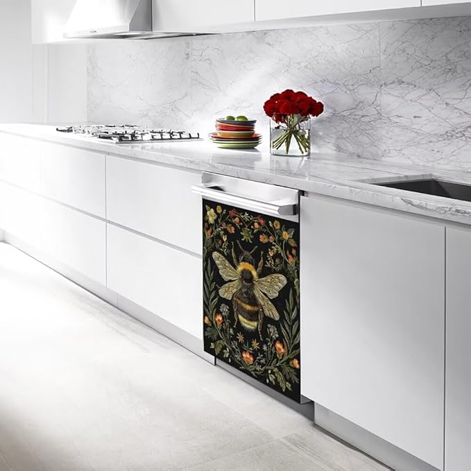 Flower and Bee Painting Dishwasher Magnetic Cover Sticker Refrigerator Fridge Magnet Panel Decal Magnets Home Kitchen Fridge Front Door Cover 23W x 26H inchs