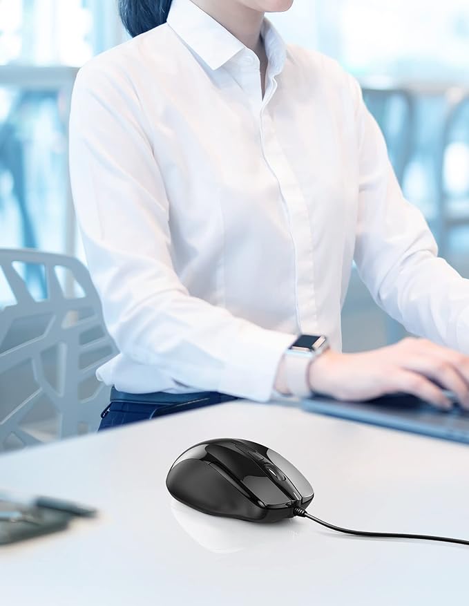 TECKNET USB Wired Mouse, 6-Button Corded Mouse with 2 Adjustable DPI, Optical Computer Mouse with Ergonomic Design and 5FT Cord for Laptop, Chromebook, PC, Desktop, Mac, Notebook-Black