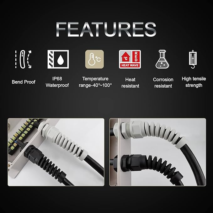 LeMotech 5Pcs NPT 1" IP68 Waterproof Cable Gland Flex Spiral Strain Relief Black Nylon Joint with Gaskets for 18-25mm Wire Thread