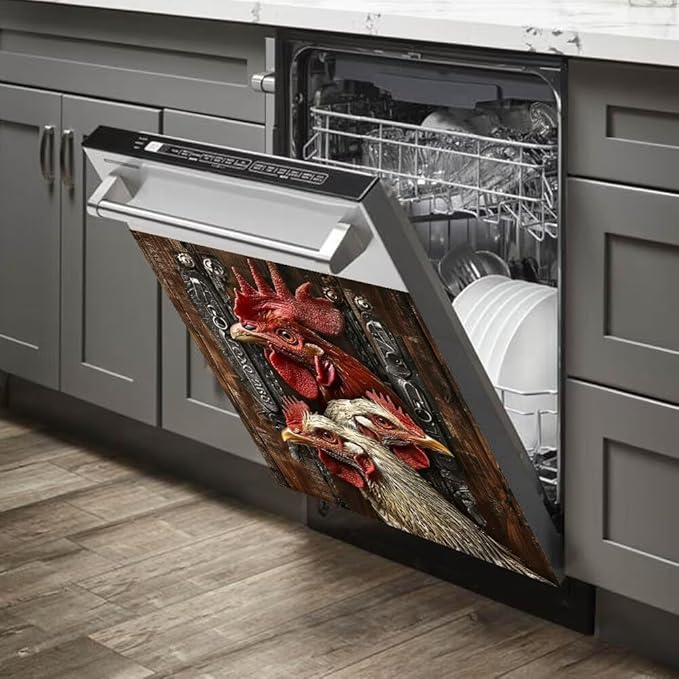 Wood Board and Rooster Pattern Dishwasher Magnet Cover Panel Kitchen Decorative Magnetic Refrigerator Front Door Cover Sticker,23W x 26H inchs