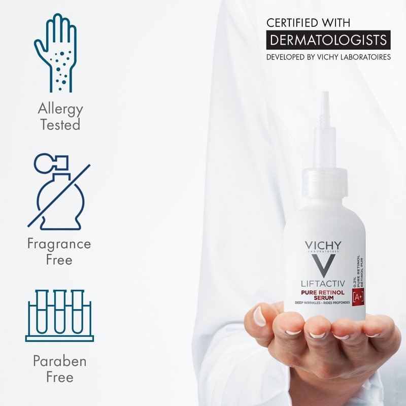 Vichy LiftActiv Pure Retinol Serum for Face, Anti-Aging Face Serum for Wrinkles & Fine Lines, .2% Retinol + Peptides, Resurfaces Skin Sexture To Smooth & Firm Skin, 1 Fl. Oz.