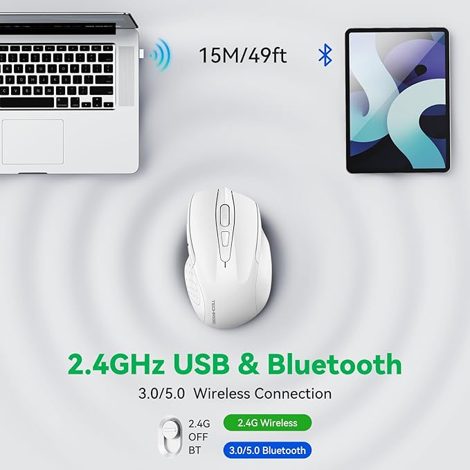 TechRise Bluetooth Mouse (BT5.0/3.0 & 2.4G) Rechargeable Wireless Mouse 2.4GHz with USB A Receiver, 4800 DPI Optical Tracking, 6 Adjustable DPI, Quiet Clicks, 6 Buttons, Wide Compatibility - White