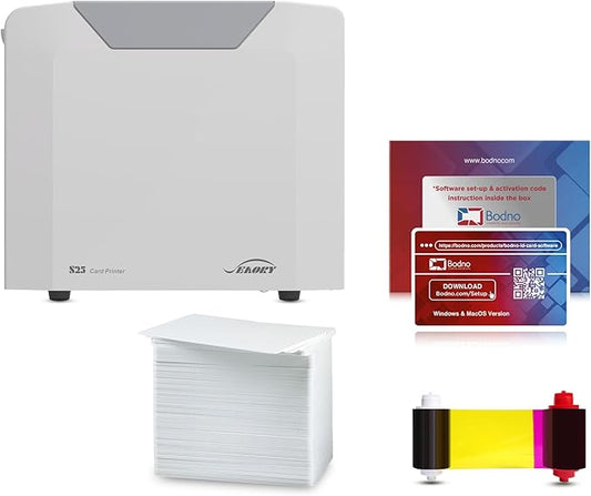 Bodno Seaory S25 Single Sided ID Card Printer & Complete Supplies Package ID Software - Silver Edition