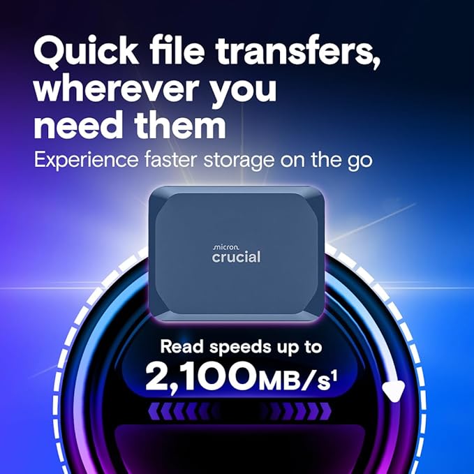 Crucial X10 6TB Portable SSD, Up to 2,100MB/s, USB 3.2 USB-C, External Solid State Drive, Compatible with Windows, Mac & Android, Durable Storage for Games, Photos & Files, Blue - CT6000X10SSD9-02