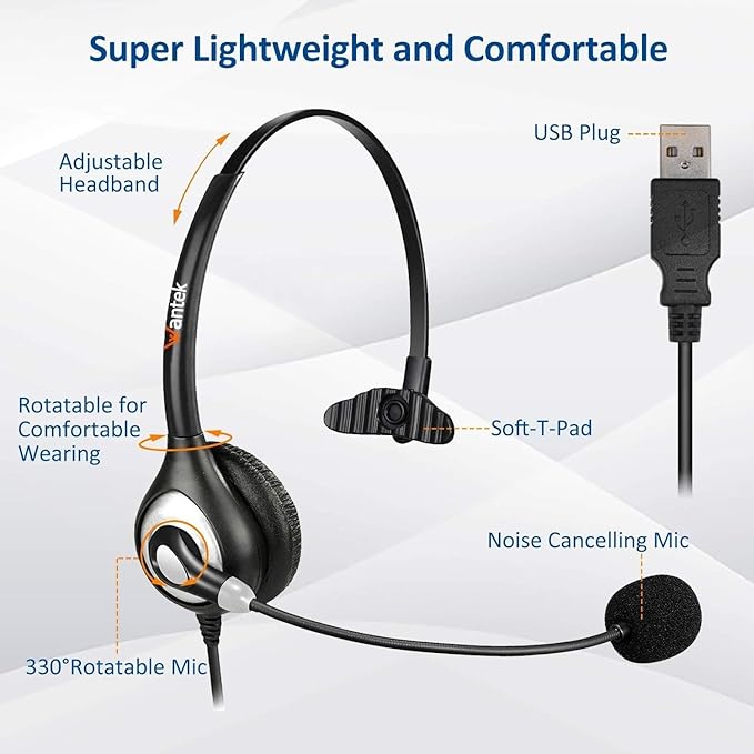 Wantek USB Headset with Microphone Noise Cancelling & Audio Controls, Computer Headphones for PC Laptop, Business, Home Office, Call Center, Skype, Zoom, Webinar, Clear Chat, Super Light,Single