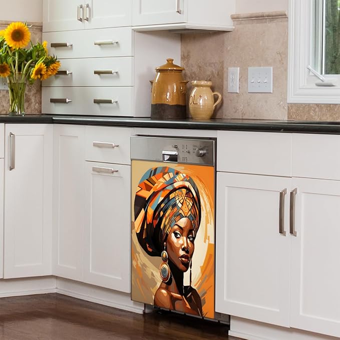 African Girls Dishwasher Magnet Cover Decorative Refrigerator Covers Magnetic Reusable Dishwasher Door Cover Kitchen Appliance Sticker Cover 23x26Inch