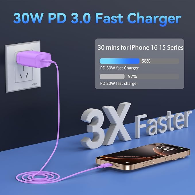 Phone 17 16 15 Charger Fast Charging,30W USB C Phone 17 16 15 Pro Max Charger Block &6.6FT Long Type C Cable Cord for i.Phone 17/Air/17 Pro/17 Pro Max/16/16 Plus/16Pro/16 Pro Max/15/15 Pro Max,Purple