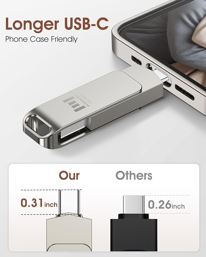 MOSDART 64GB USB C 3.2 Fast Speed C and A Dual Flash Drive, exFAT Memory Stick with Keychain Loop, for iPhone 15,16,17, Android Phone, iPad, MacBook, Silver