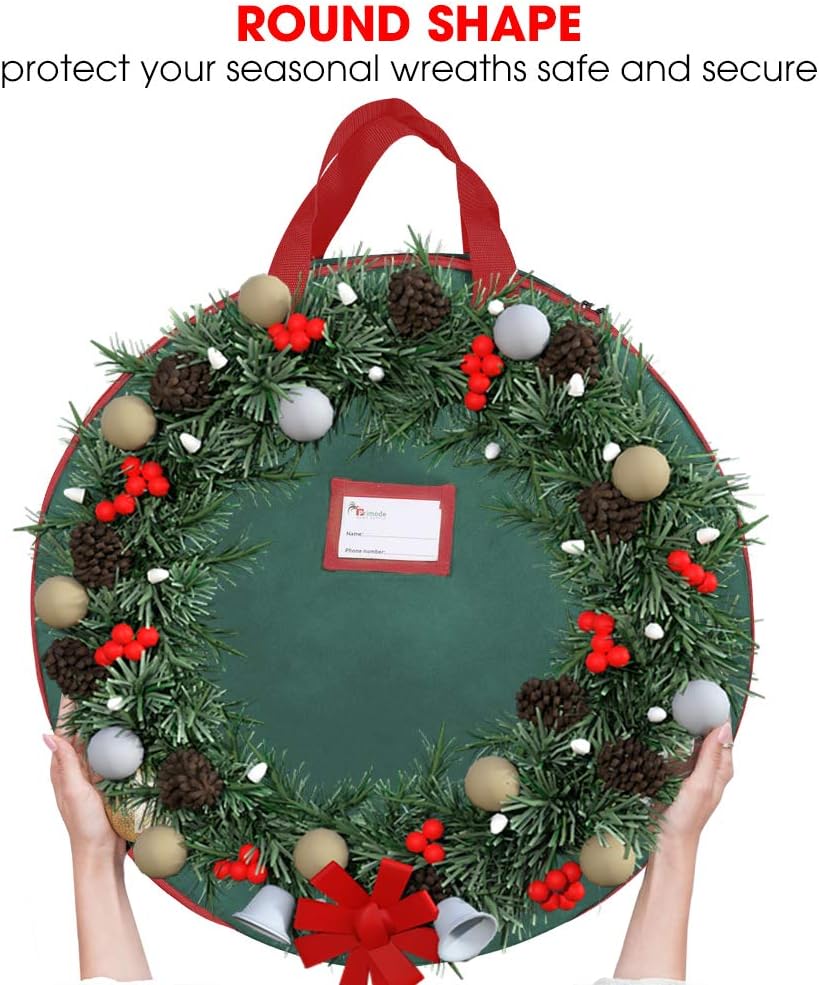 Primode Christmas Wreath Storage Bag - 24" Artificial Wreath Container with Dual Zipper & Sturdy Handles | 2-Pack, Green