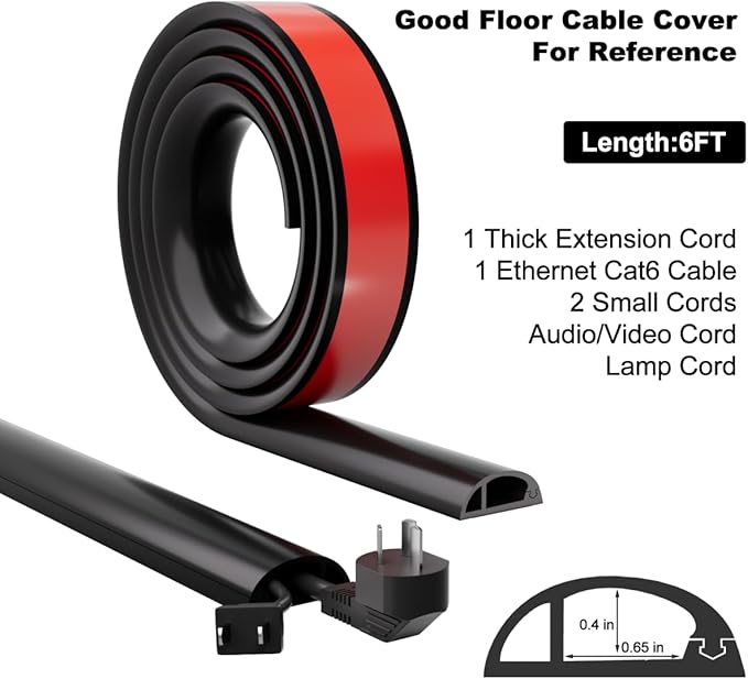Kneelisa 6FT Side-Open Extension Cord Covers for Wires on Floor,Silicone Power Cable Protector Cord Hider Management Strip,Hide Electric Wire on Carpet,Chord Runner Protective Safety,Black