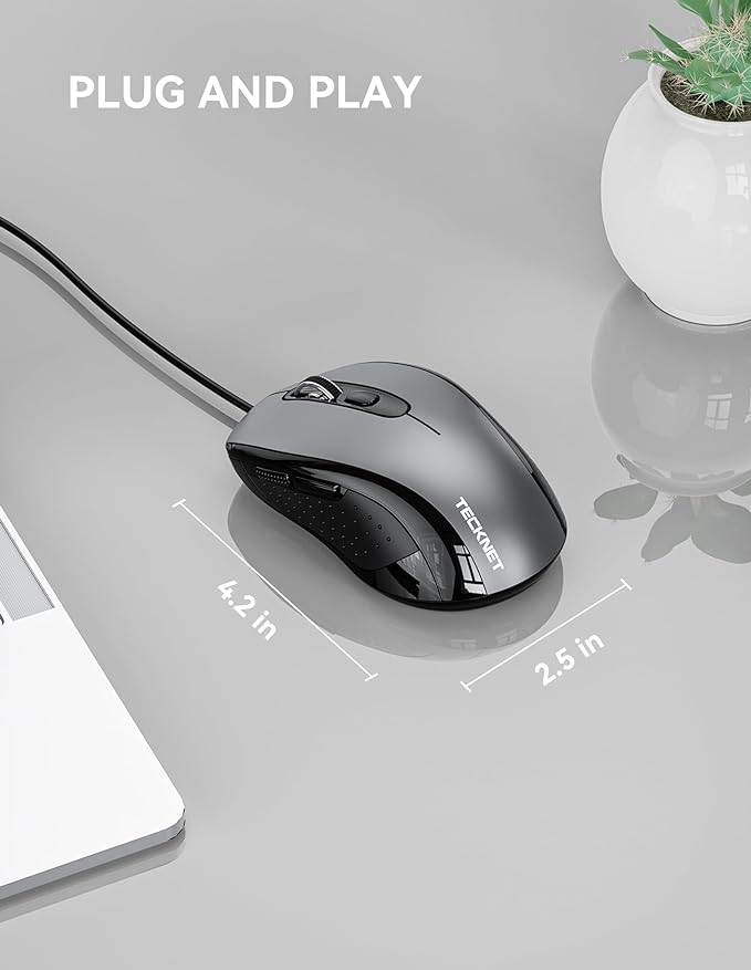 TECKNET USB-A Wired Mouse for Laptop Computer with 2-Button,Home and Office 5FT Corded Mouse, 1600DPI Ergo-Optic Shape PC Mouse Wired for Chromebook,PC,Desktop,Notebook-Black