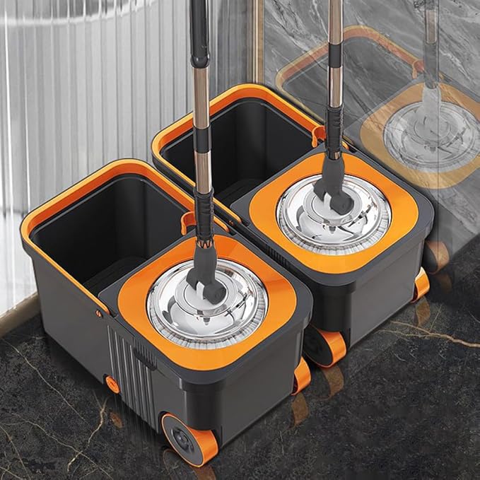 360 Spinning Floor Cleaning System with 6 Extra Refills Heads Extended Handle Household Cleaning Automatic Cleaning with Bucket for Household Floor Cleaning (Grey Orange)