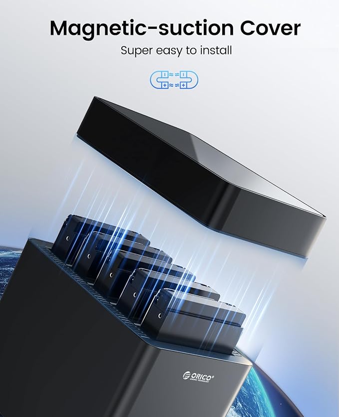ORICO 5 Bay 3.5 Inch Hard Drive Enclosure USB C to SATA Magnetic Tool-Free External HDD Enclosure with 12V/6.5A Power Adapter for Family Storage Supports 2.5/3.5 inch Drives Max 110TB (5x22TB)