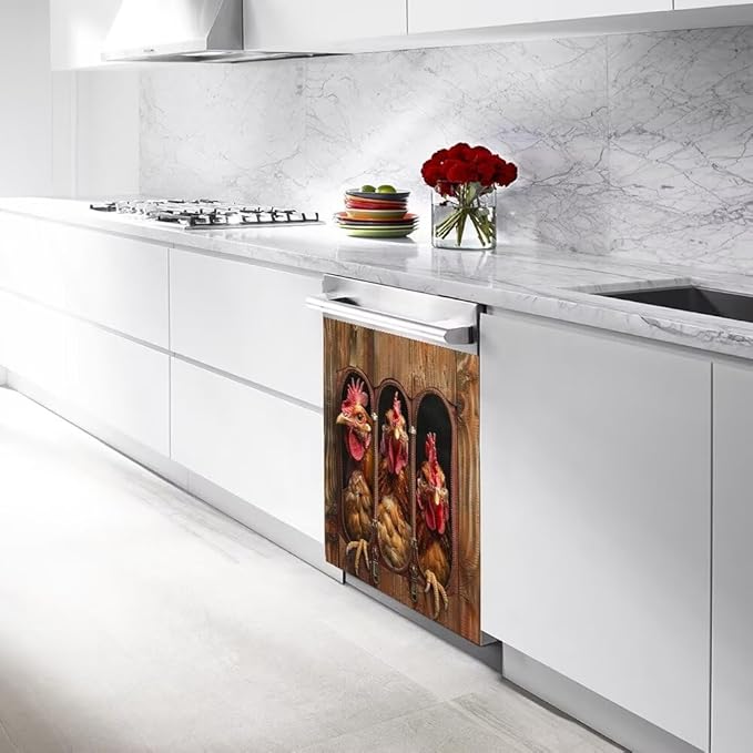 Wood Board and Rooster Painting Dishwasher Magnet Cover Sticker Magnetic Refrigerator Panel Sticker Decorative Front Door Decal 23W x 26H inchs