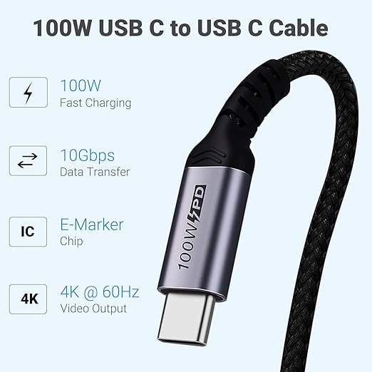 SUMPK USB C 3.1 Data Cable 10FT 2 Packs, Right Angle 100W Gen 2 Fast Charging 10Gbps High Speed Transfer Cable, 4k 60hz Video Output PD Cord Compatible for Monitor Display, Thunderbolt 3, MacBook Pro