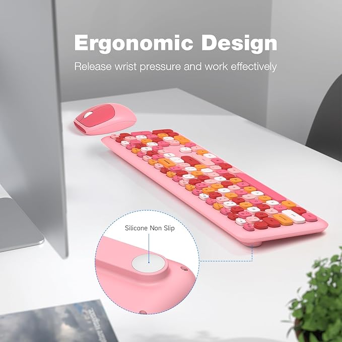 KNOWSQT Wireless Keyboard and Mouse Combo, Pale Pink Full-Sized 2.4G Silent Keycap Colorful Keyboards, USB Dongle Plug Play, Laptop, Windows, PC, Mac, Desktop