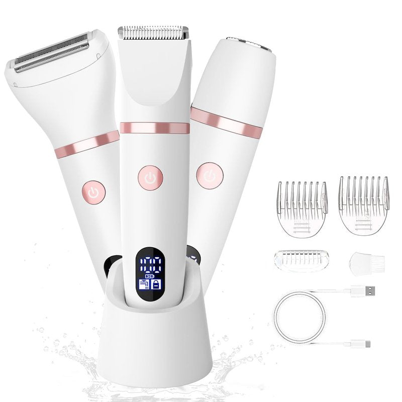 Zivelier 3-in-1 Electric Razor IPX7 Waterproof Bikini Trimmer Wet & Dry Use Painless Personal Trimmer Groomer for Ladies Face Body Legs Bikini Public Hairs Electric Lady Shaver with Replaceable Heads