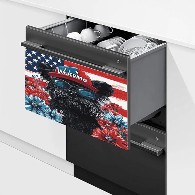 Black Patriotic Puppy Dishwasher Magnet Cover American Flag and Flowers Magnetic Dishwasher Cover Magnets Decorative Cover Refrigerator Appliances Panel Sheets 23" x 17" Magnetic