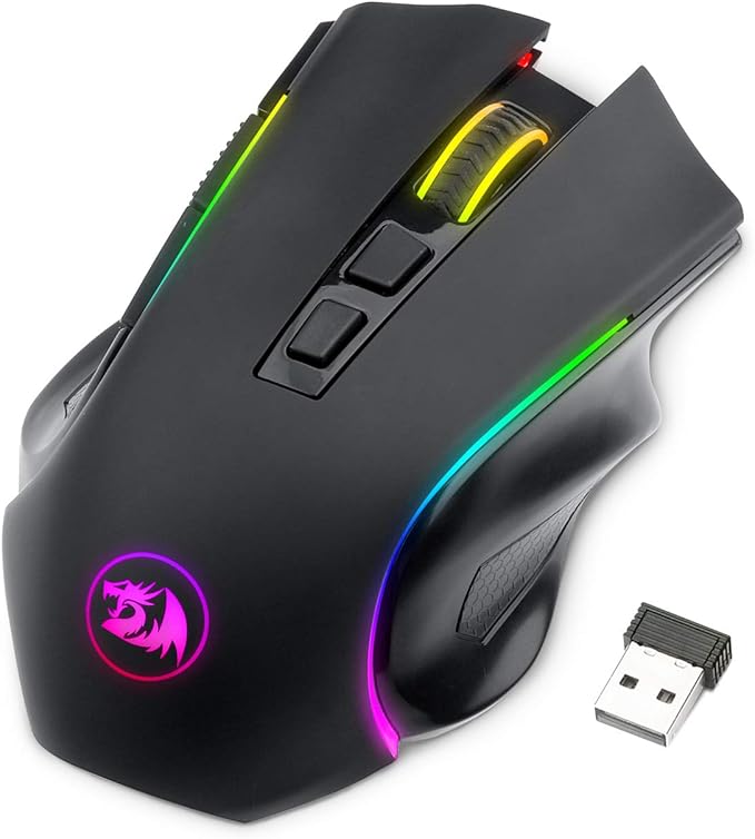 Redragon M602 Griffin RGB Gaming Mouse, Tri-Mode 2.4G/USB-C/Bluetooth Mouse Gaming, RGB Spectrum Backlit Ergonomic Mouse with 7 Programmable Backlight Modes up to 8000 DPI for Win PC Gamers (Wireless)