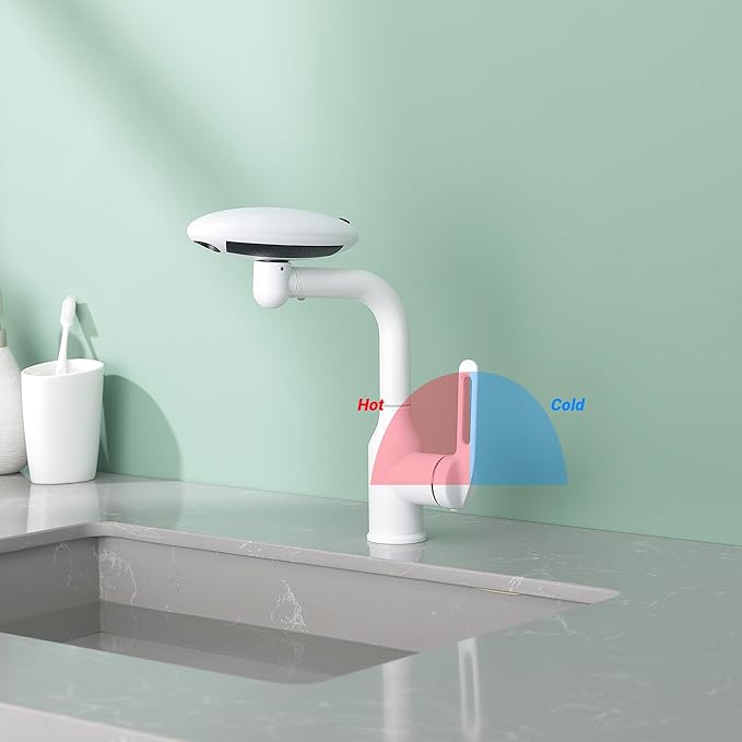 Bathroom Sink Faucet 1 Hole, White Multifunctional Basin Faucet with 4 Water Outlet Modes, Modern 360°Rotatable Bar Tap with Two Water Supply Pipes