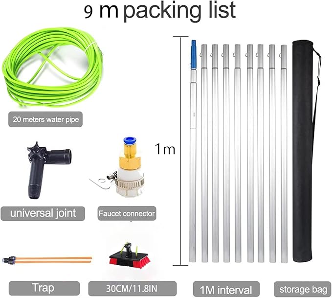 9m/29.5ft Window Cleaning Pole/Water Fed Telescopic Brush/Extendable Cleaner Conservatory Roof Window Cleaning Equipment Extendable Cleaner Conservatory Roof Cleaning Tools(30cm Brush 6m po