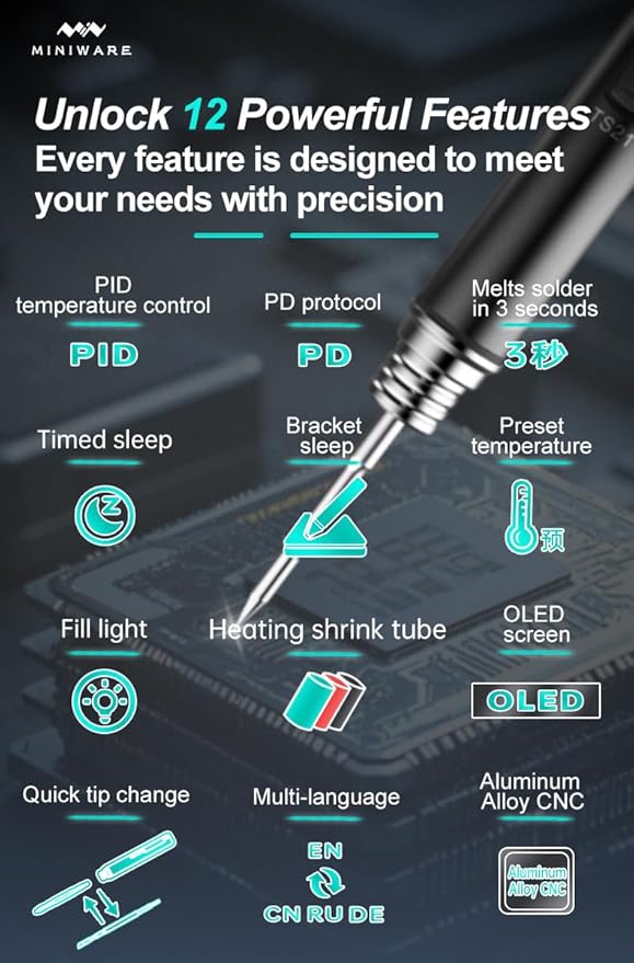 TOOLSAGE Soldering Iron Kit TS21,Front Lighting,3 Seconds Melts Solder,Fast Heating,DC9-24V Max 100W Soldering-Iron Gun with Adjustable Temp 100-450℃,Compatible with 210 type Iron Tips