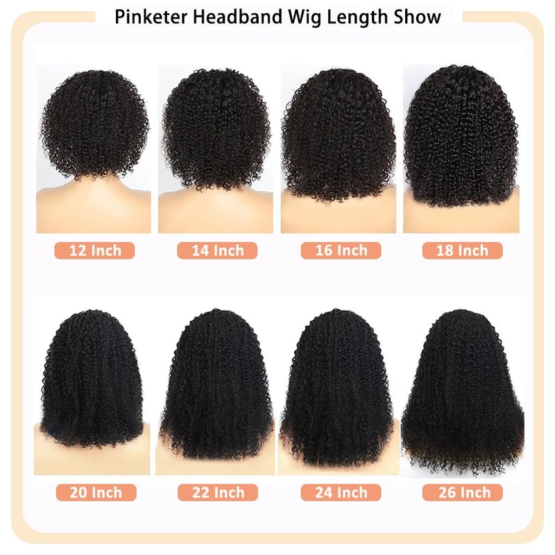 Pinketer Kinky Curly Headband Wig Human Hair 150% Density None Lace Front Glueless Wigs for Black Women 12 Inch Machine Made Half Wig Natural Black Color