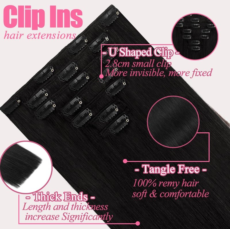 Clip In Hair Extensions - 18 Inch Invisible Seamless Real Human Hair | 1B Natural Black, 95g Double Weft
