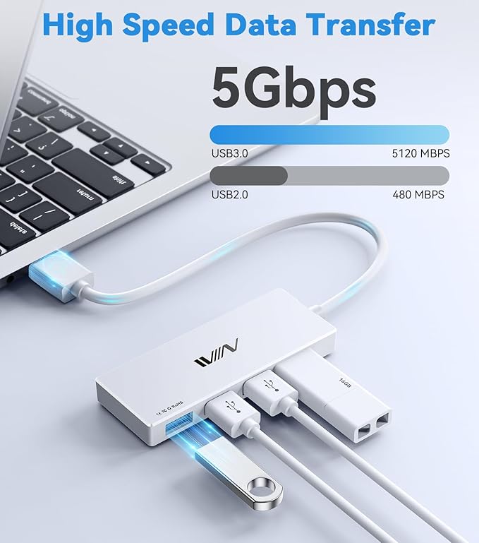 IVIIN USB 3.0 Hub, 4 Port USB Hub Splitter, USB A Expander Portable USB Adapter Multiport Data Hub for Laptop, iMac Pro, MacBook Air, Mac mini/Pro, Surface Pro, USB Flash Drives, and Mobile HDD-White
