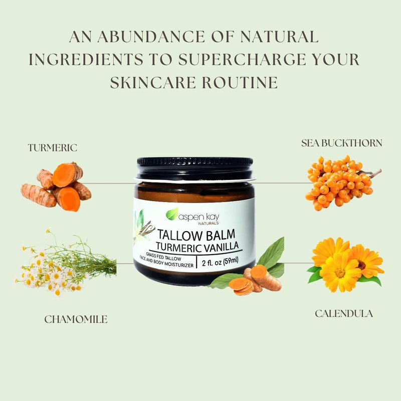 Aspen Kay Naturals Handmade Grass Fed Beef Tallow Balm with Turmeric and Vitamin C for Face and Body, Organic Vanilla Turmeric Skin Moisturizer for Dull Dry Skin, Natural Glow, 2 fl oz, Made in USA