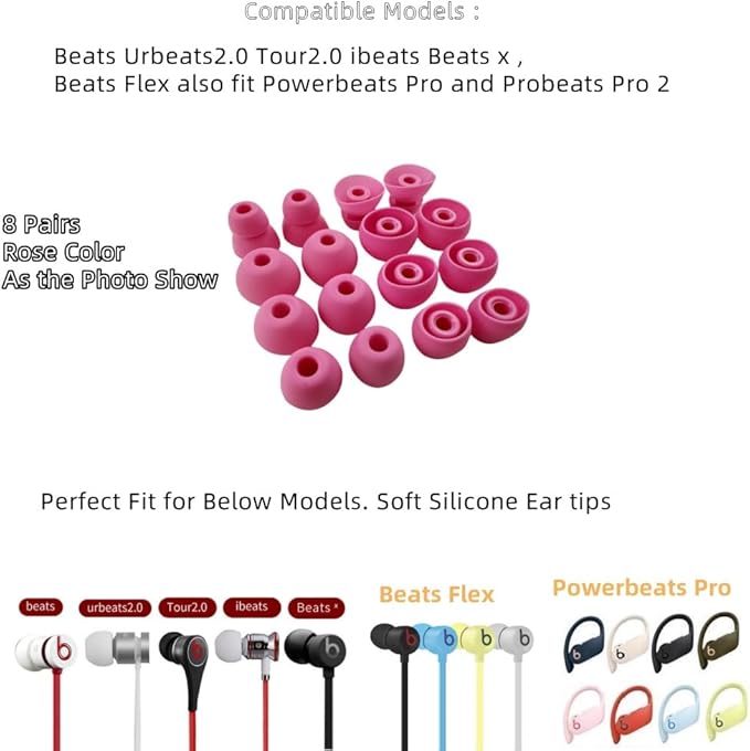 Aginkgo Replacement Ear Tips for Beats Urbeats2.0 Tour2.0 ibeats Beats x, Beats Flex Secure Fit for Powerbeats Pro Silicone Earbuds Washable Sweat-Resistant Noise Isolation 8 Pairs (Rose)