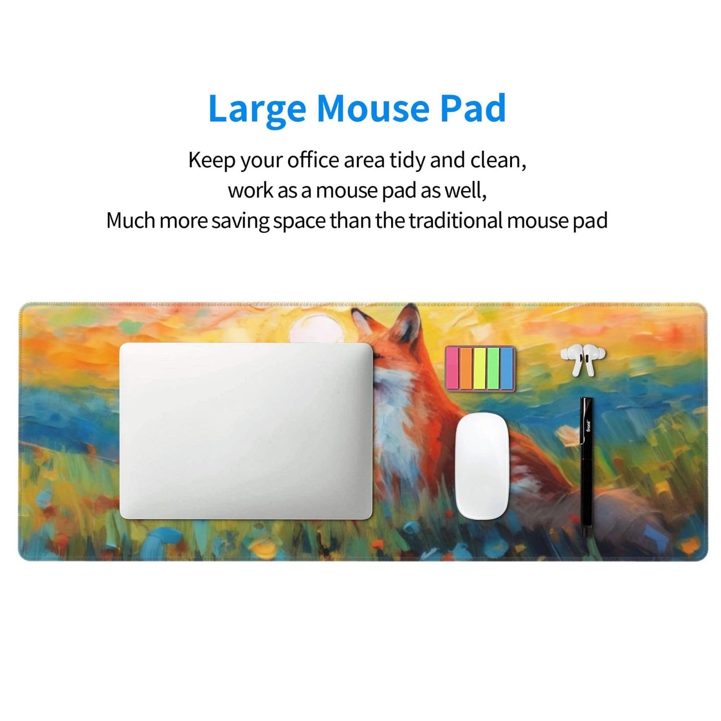 Gaming Mouse Pad, Large Non-Slip Rubber Base Mousepad, Keyboard Mouse Mat, Desk Pad with Stitched Edges, 31.5x11.8inch, Fox