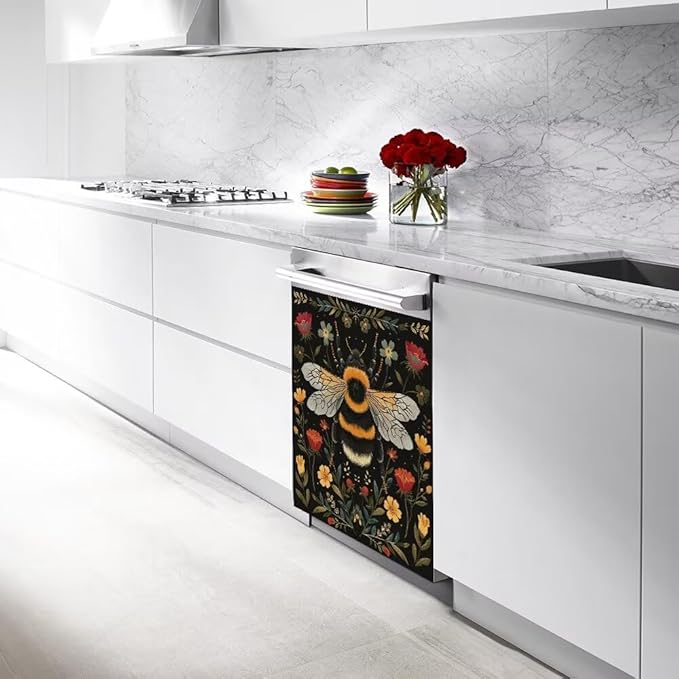 Flower and Bee Painting Dishwasher Magnetic Cover Sticker Magnetic Refrigerator Full Door Cover Sticker Kitchen Decor Panel Decal 23W x 17H inchs